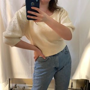 Cropped Cream Cozy Bubble Sleeve Trendy Sweater